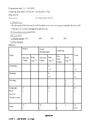 Giáo án Tiếng Anh Lớp 6 - Tiết 24 Kiểm tra 45 phút - Năm học 2019-2020